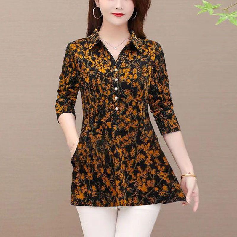 Lässiges Hemd mit Umlegekragen und Knöpfen, Basic Damen Folk Gebrochene Blumen Herbst Vintage Pendeln Langarmbluse