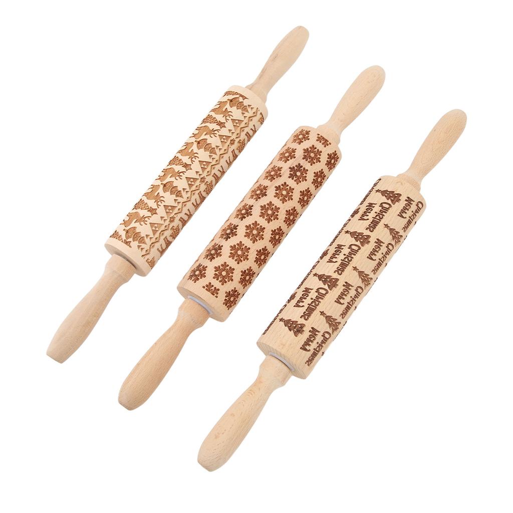 3Pcs Wooden Embossed Rolling Pin Cute Christmas Pattern Engraved Embossing Rolling Pin for Baking