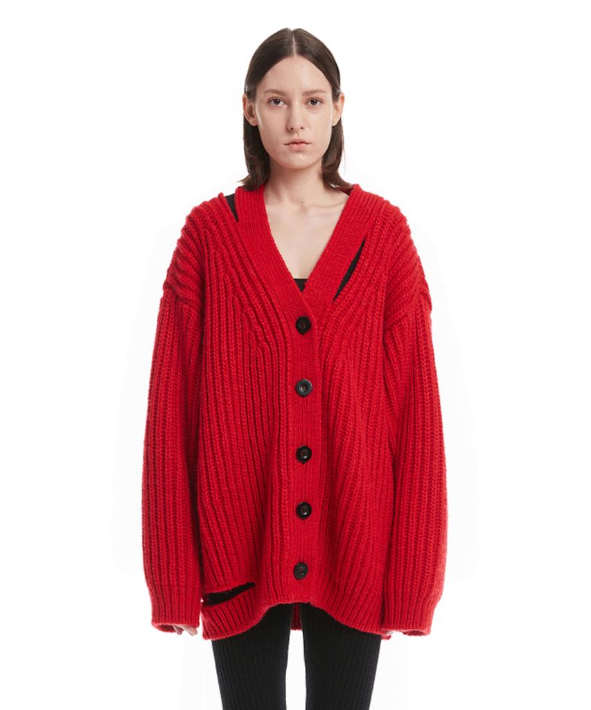 Trunk Project Red Destroyed Knit Cardigan