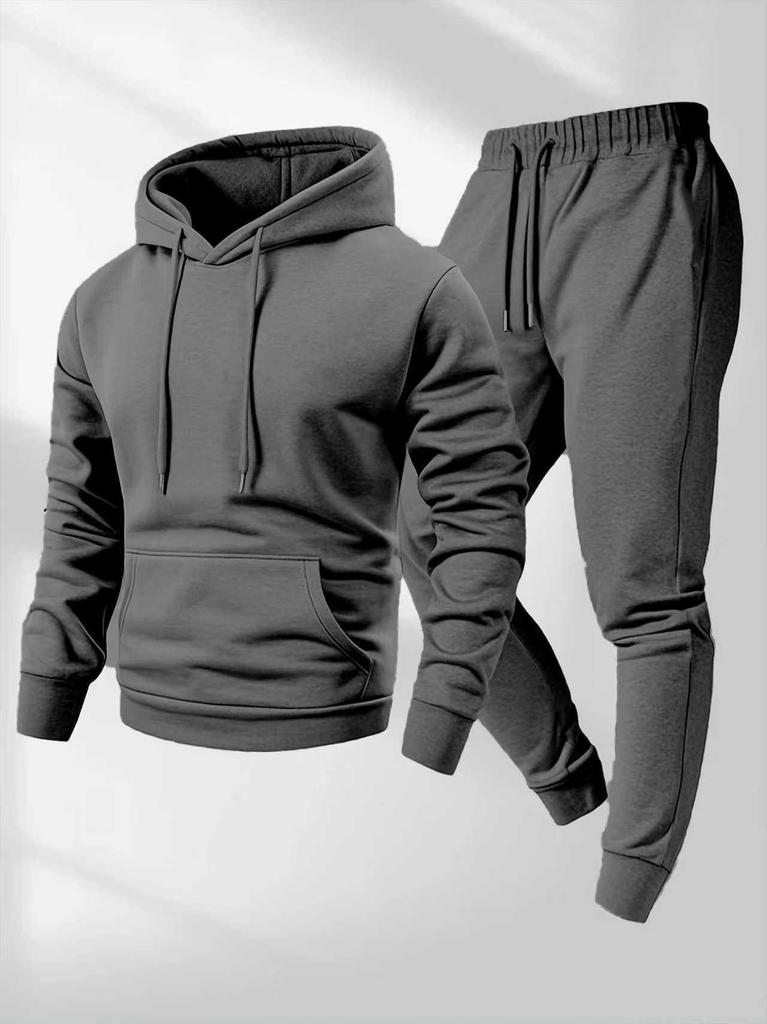 250g Men's Trendy Sports Hoodie & Sweatpants Set - Plain Color