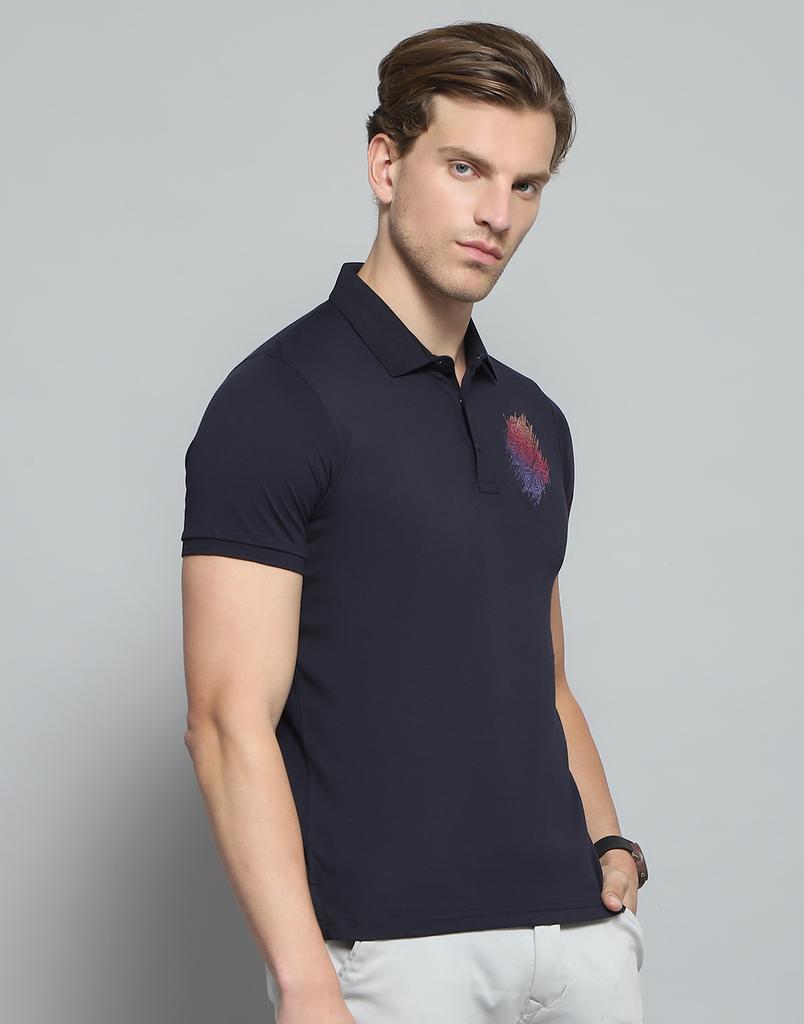 Monte Carlo Mens Printed Navy Blue Collar Neck Half Sleeve T-Shirt