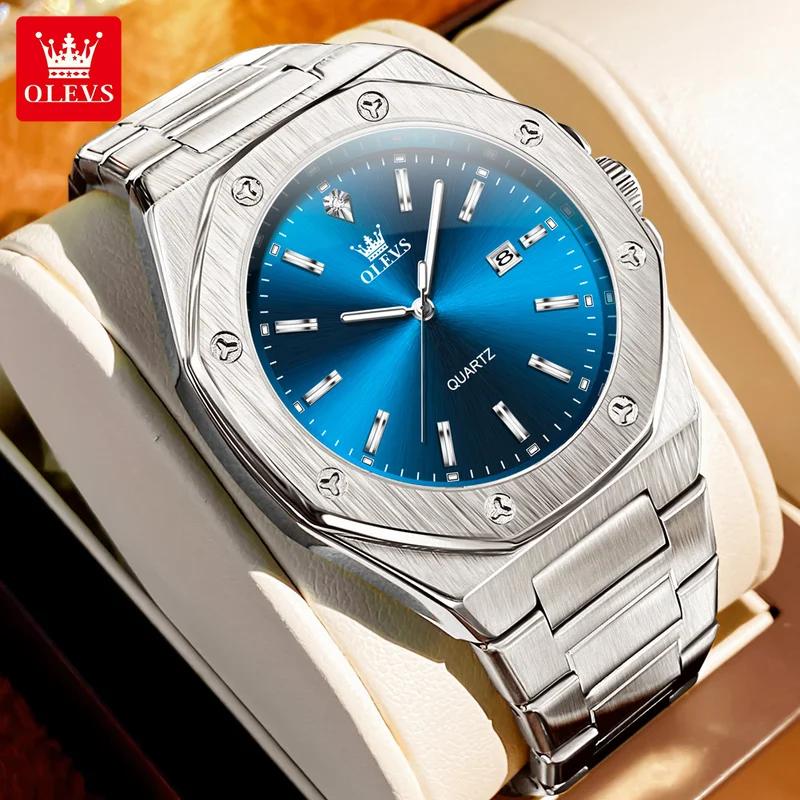 

OLEVS Простые модные кварцевые часы для мужчин, оригинальные водонепроницаемые светящиеся наручные часы с дисплеем даты, лучший бренд, деловые мужские часы синий/серебряный