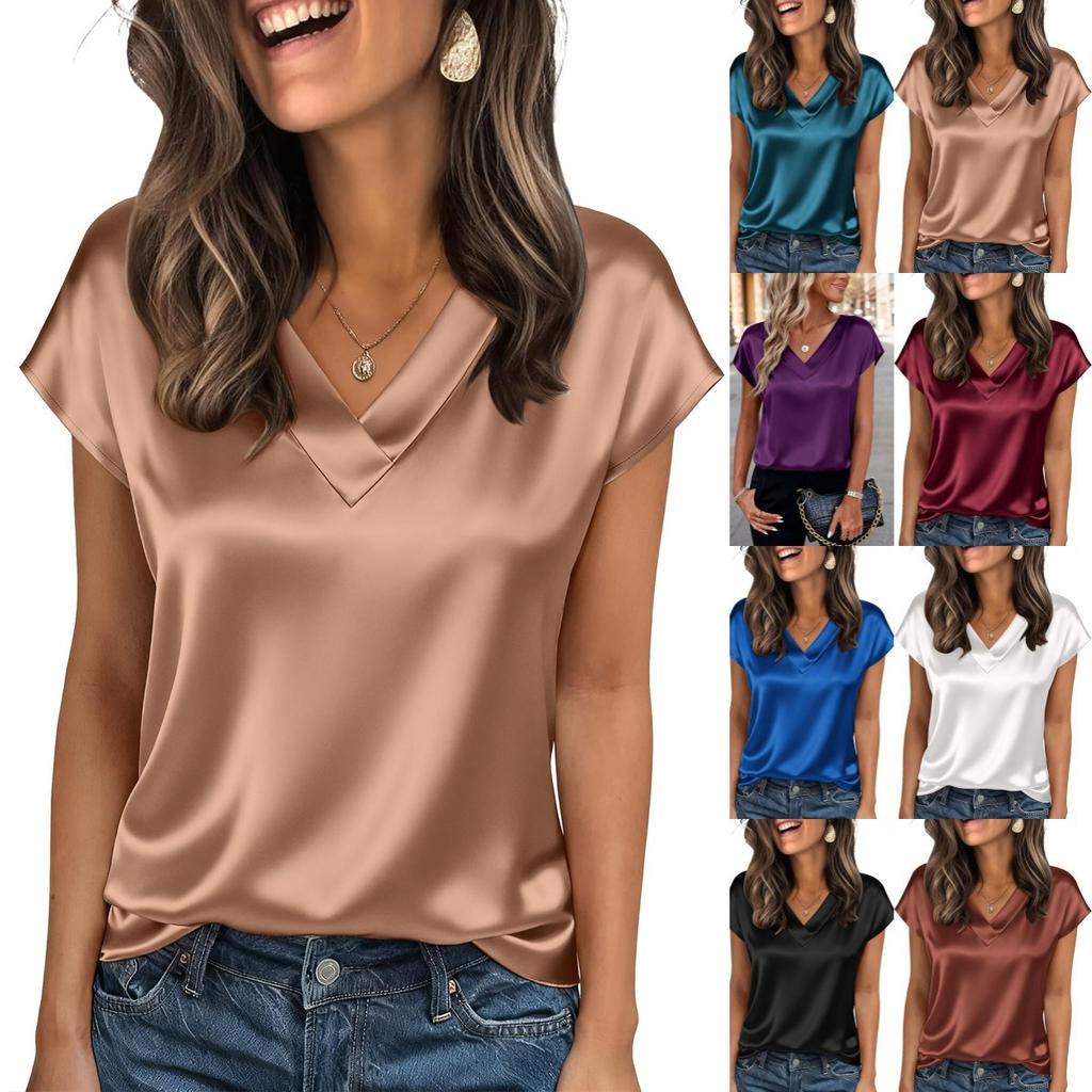 Summer, Satin Complexion, V-neck, Shirt Collar, Women's, Short Sleeved, Top, Women's Clothing