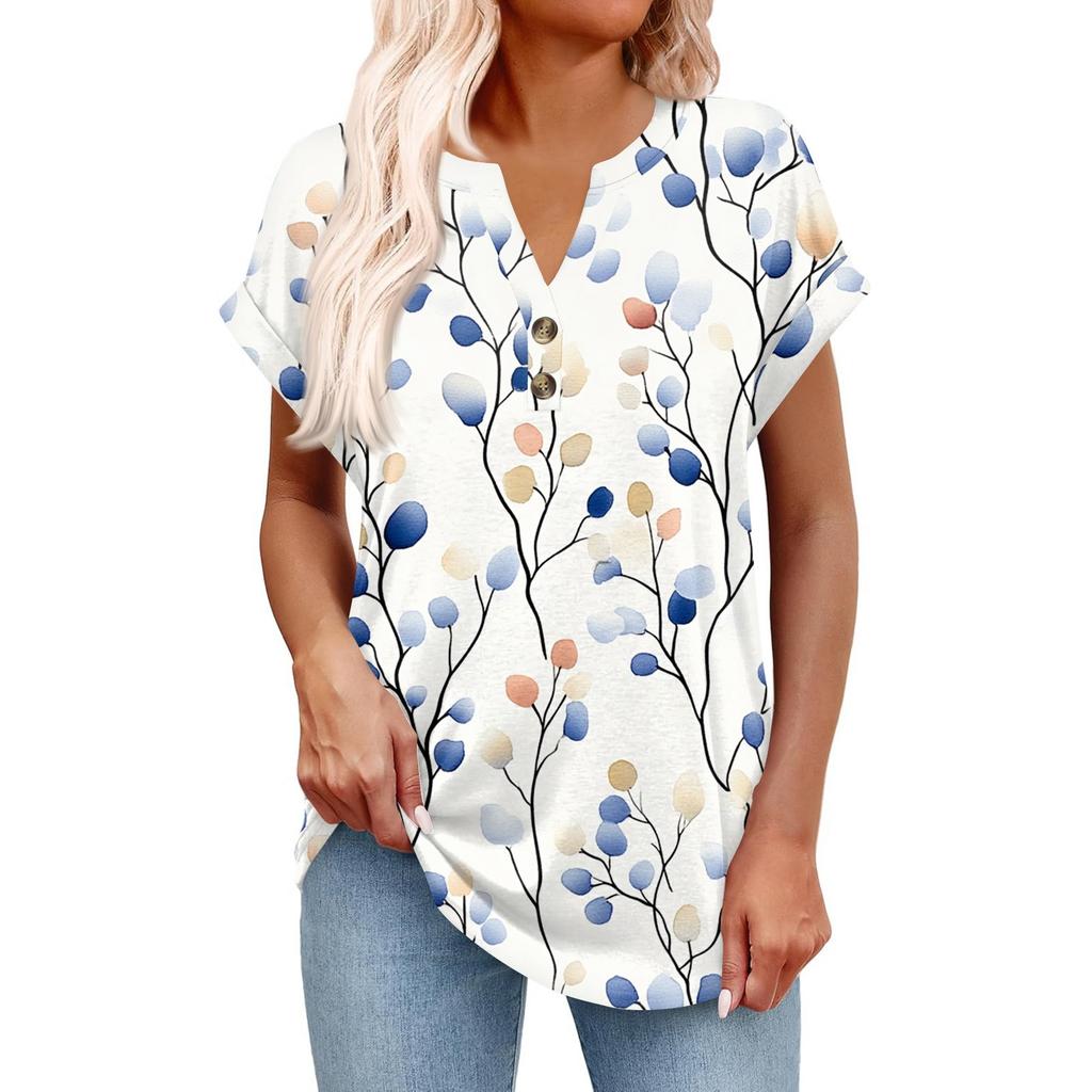 Top Pulôver Feminino Casual da Moda de Manga Curta com Decote em V, Botões e Estampa