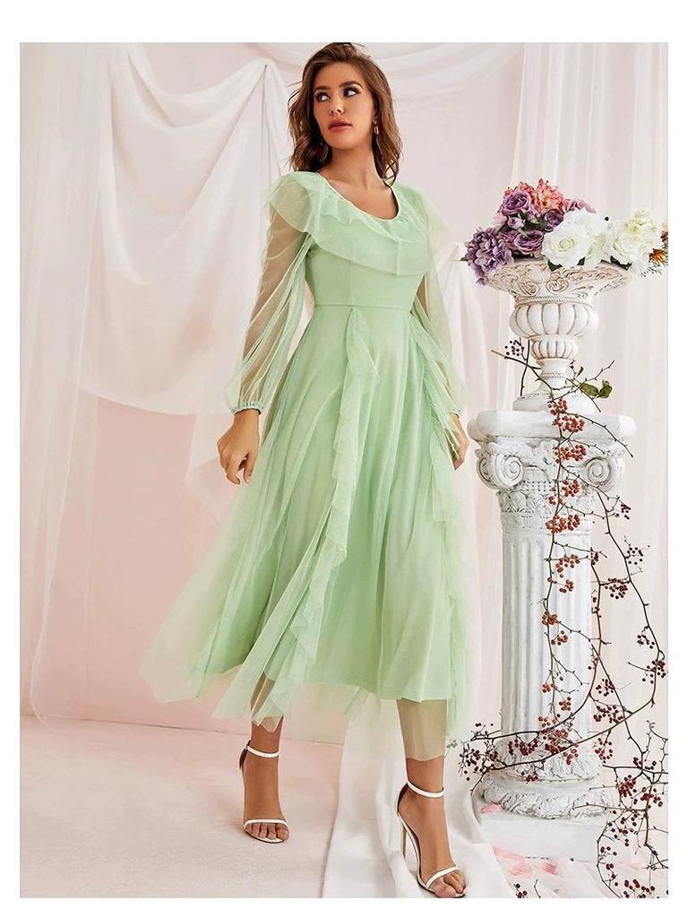 2025 Spring/Summer Women's Fashion A-line Dress with Net Yarn, Round Neck, Mid-waist - Europe, America, Middle East Collection