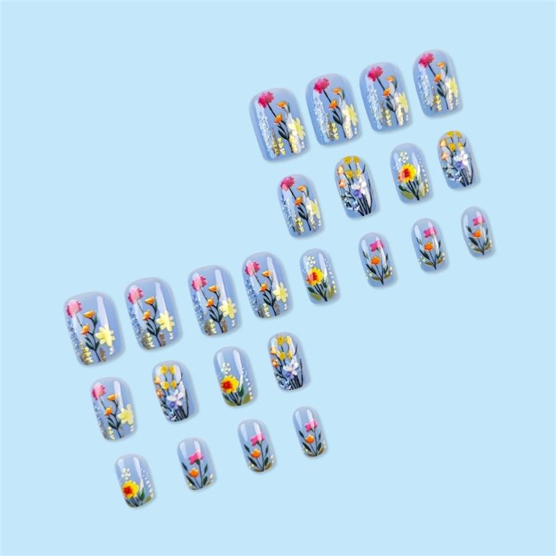 24 Stück Kurze Aufdrücknägel Französisch Quadrat Lila Vollständige Abdeckung Acrylnagel mit Blumendesigns für Frauen und Mädchen