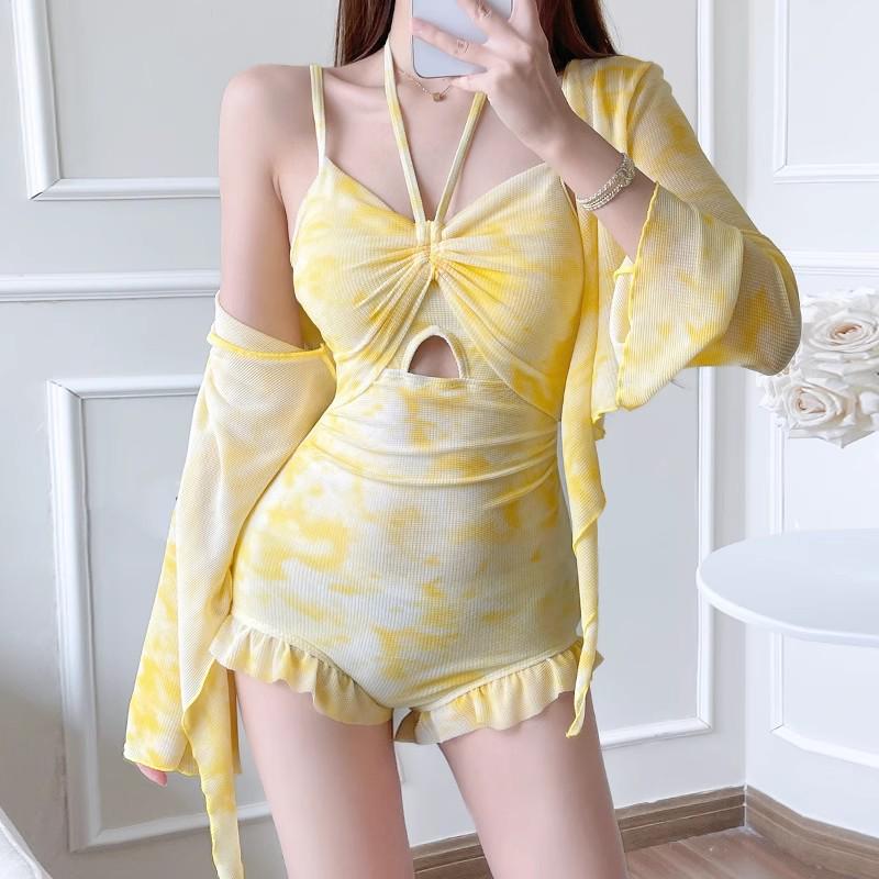 2025 Stylish Smudge-Print Whitening Swimwear: Women's Long-Sleeve, One-Piece, Two-Piece & Blouse for Sun Protection, Students, Hot Springs, Summer
