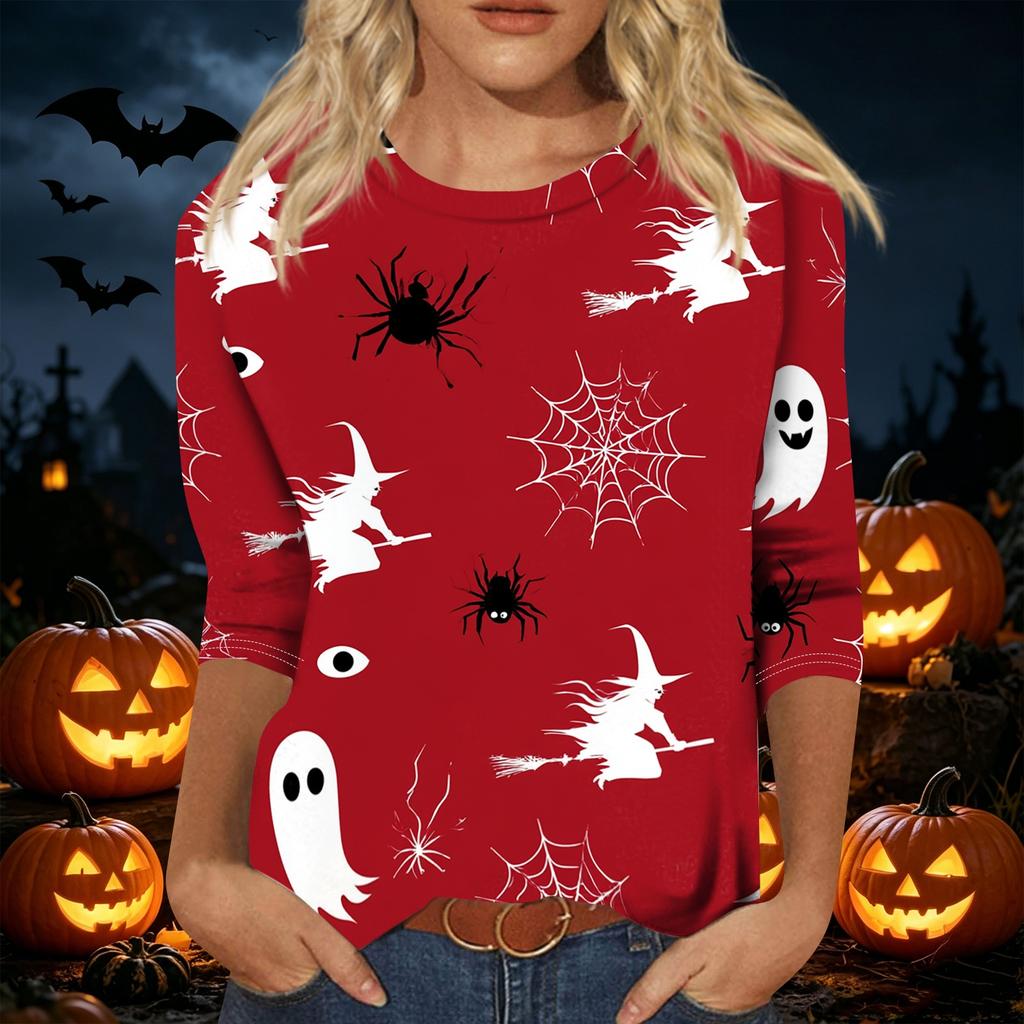 Women's Casual 3/4 Sleeve Halloween Print Pullover Top Round Neck Lightweight Loose Fit Shirt for Fall and Everyday Wear