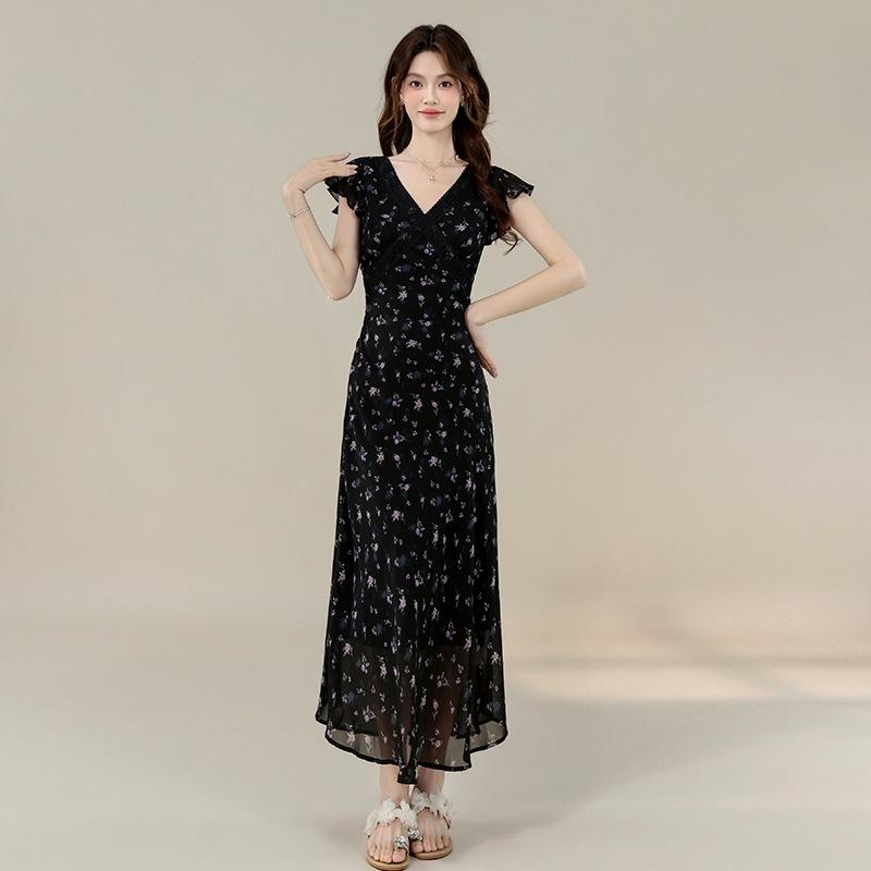 High Quality Summer Travel Vacation Fairy French Gentle Elegant Lace Edge Print Long Waist and Thin Dress