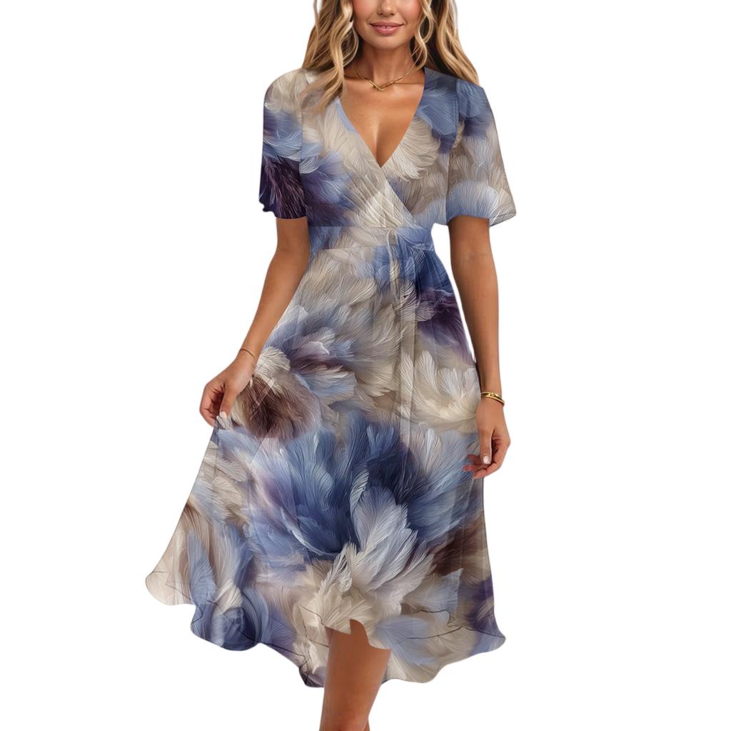 Women's Fashion Casual V Neck Short Sleeve Ruffled Vintage Printed Dresses