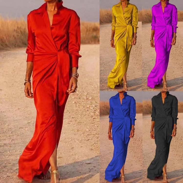 Autumn Women's Tie High Waist Split Drag Floor Long Sleeve Lapel Sexy Dresses