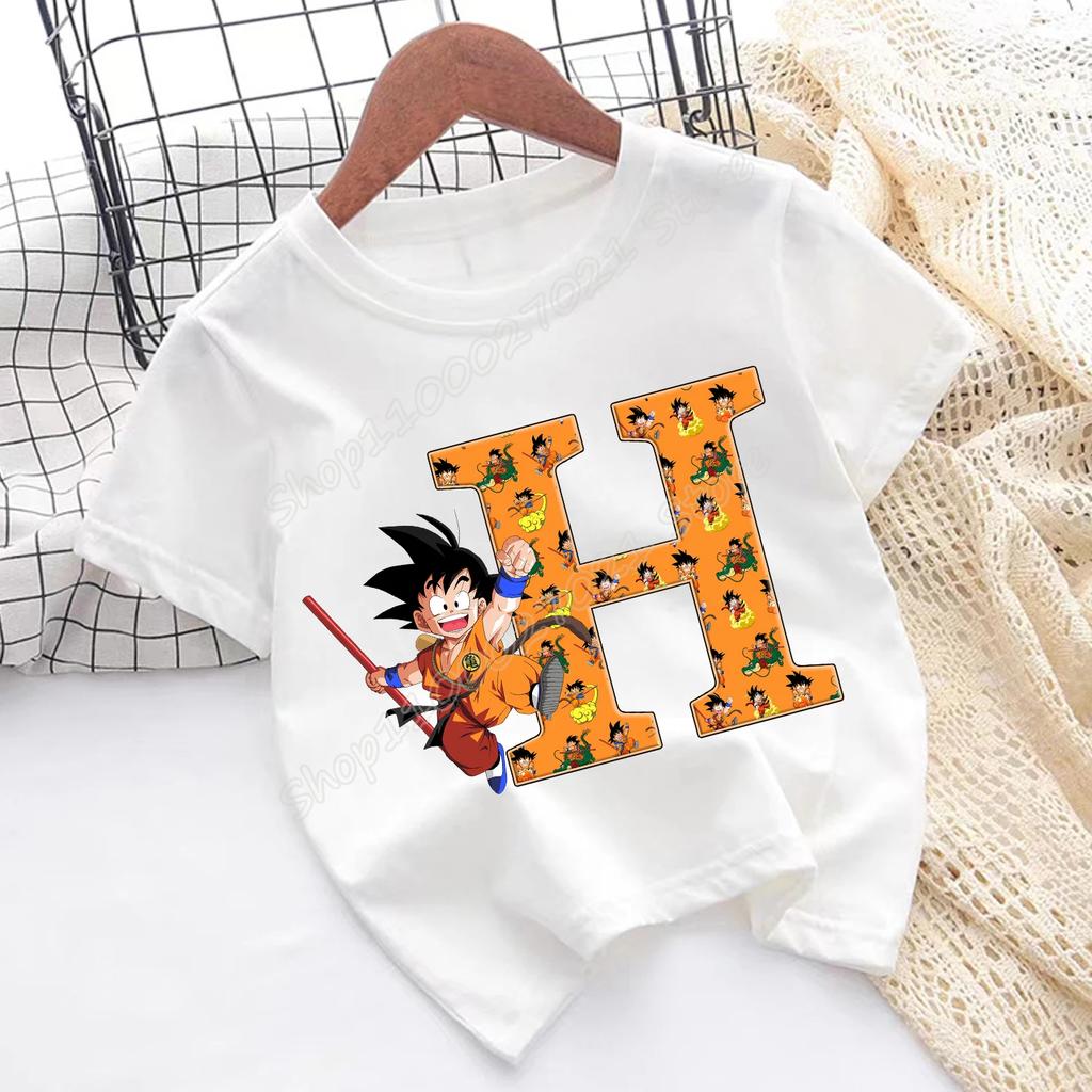 Dragon Ball Goku T-shirt Children A-Z Letter Tee Top Cartoon Summer Fashion White Short Sleeve Clothing Kids Casual Clothes Gift
