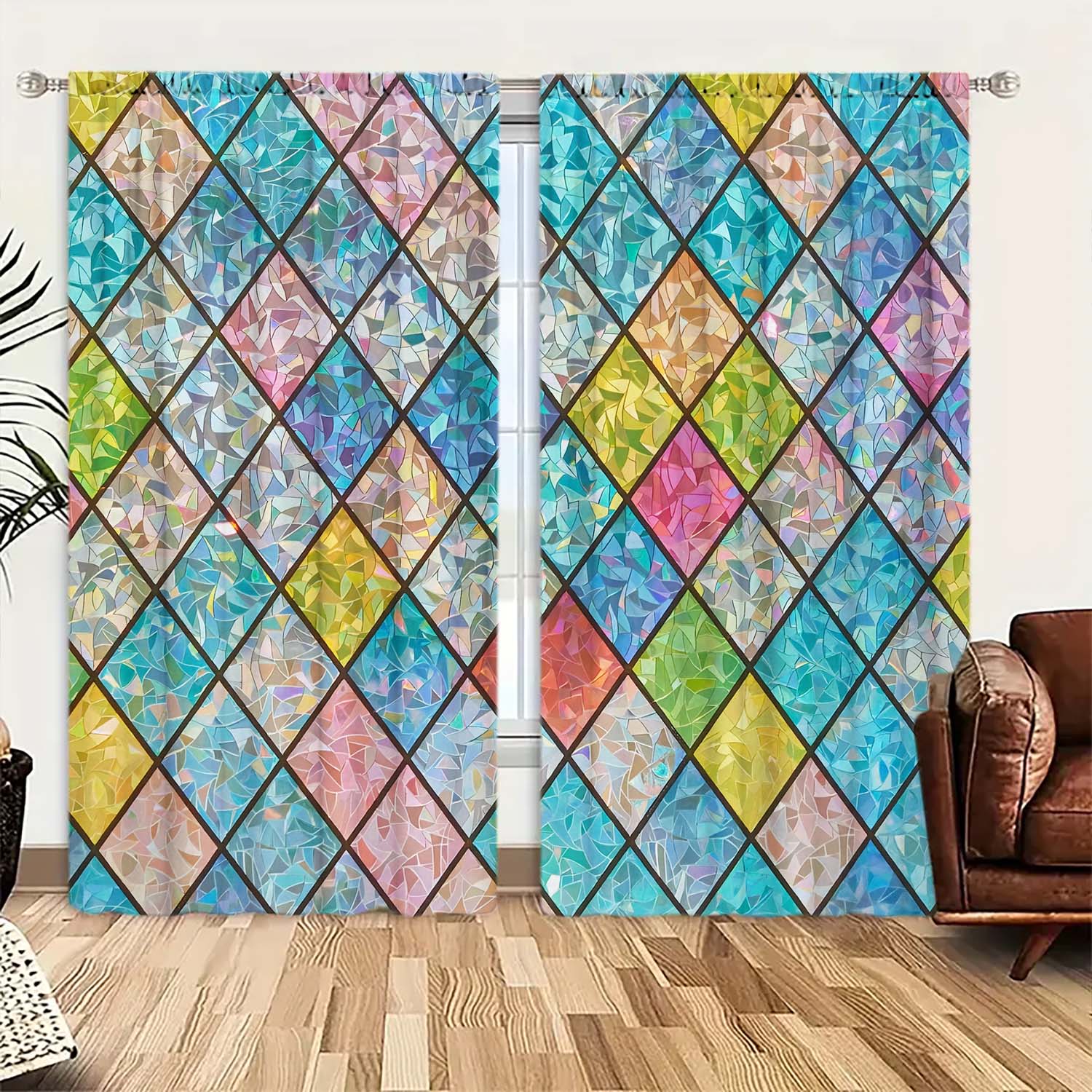

Panels Colored Square Glass Window Pattern Curtains Distinctive Printed Suitable Gifting Family Friends Curtain Made Of Polyester W100*H70(CM)-Hooks&1PCS