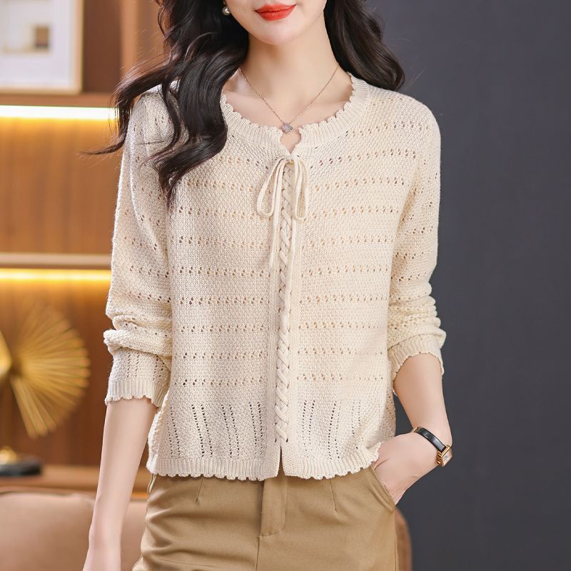 Rundhals Schnürung Ausgeschnitten Langarm T-Shirt Damen Kurzer Basic-Pullover Strickpullover, Lockeres Mama-Outfit