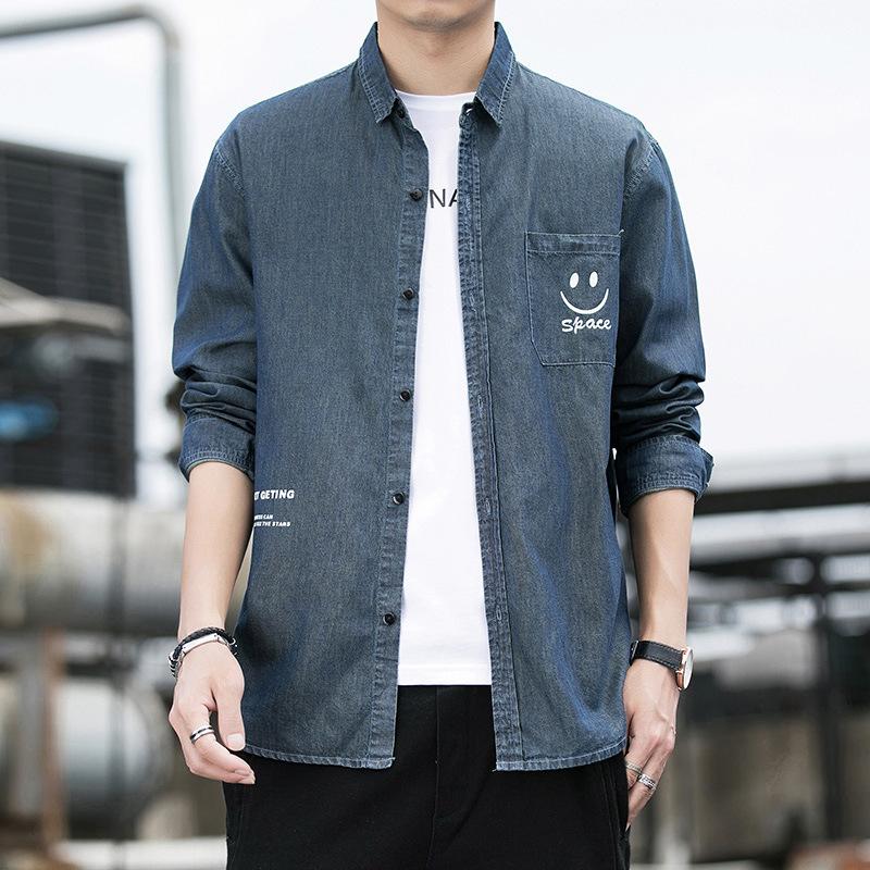 Pure Cotton Denim Long-sleeved Shirt for Men In Spring and Autumn Loose Casual Cardigan Jacket Fashionable Urban Trend Texture Shirt