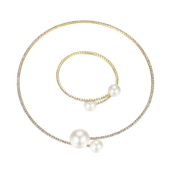 2Pcs/Set Women Elegant Faux Set Pearls Shiny Rhinestones Jewelry Adjustable Open Collar Necklace Bangle Set