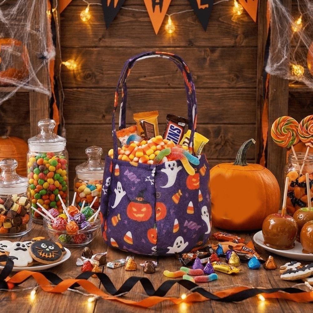 Portable Halloween Candy Bag Non-Woven Pumpkin Candy Bucket Tote Bag Candy Bucket Kids Party