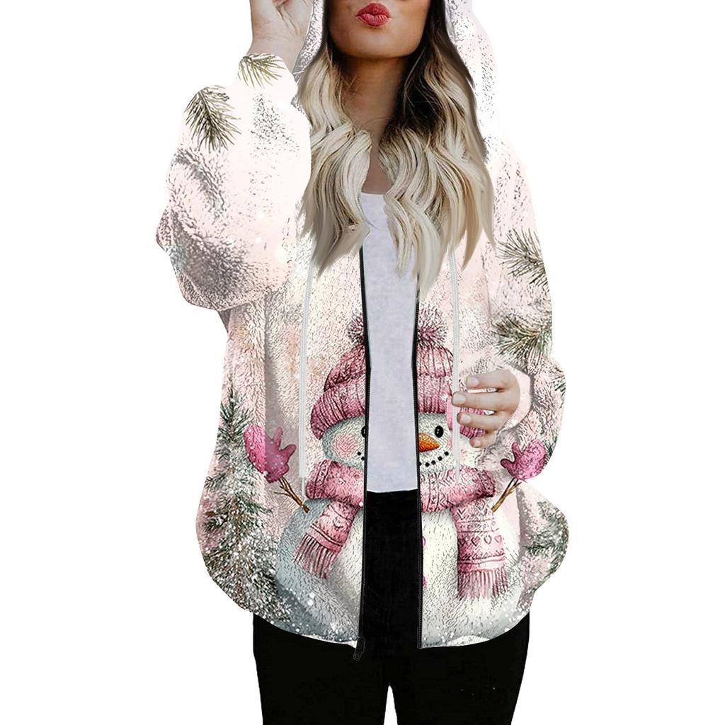 Women's Fashionable Casual Zippered Hooded Christmas Print Drawstring Furry Sweatshirt Jacket