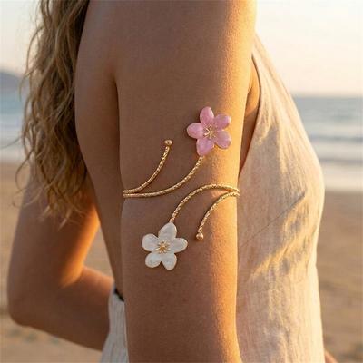 Minimalist Flower Enamel Cuff Bracelet for Women Vintage Gold Plated Hollow Floral Upper Arm Bangle Fashion Party Jewelry Gift