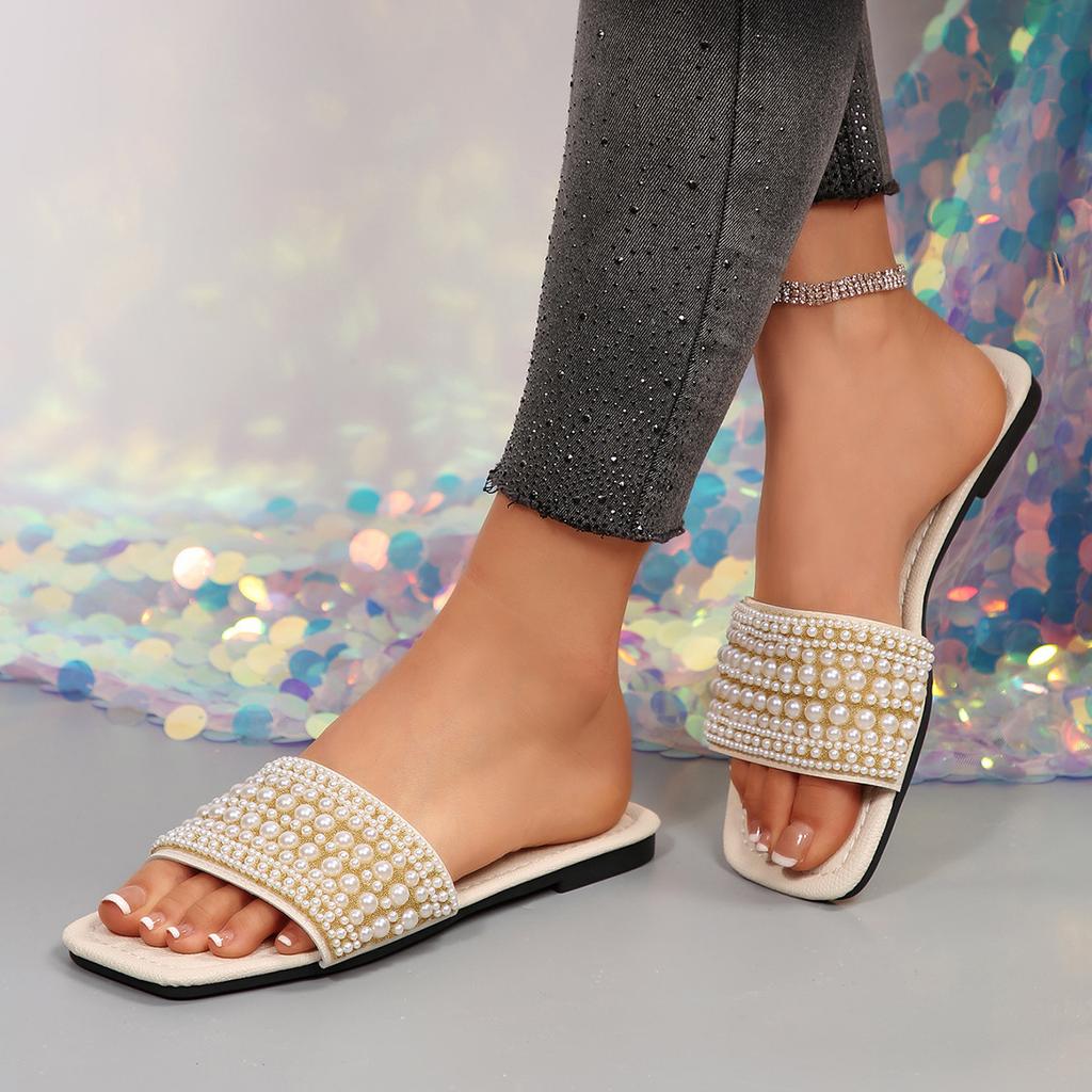 [Foreign Trade] Summer New Pearl One-Word Slippers Wear Sandals Square Head Flat Bottom with Skirt Shoes Beach Shoes