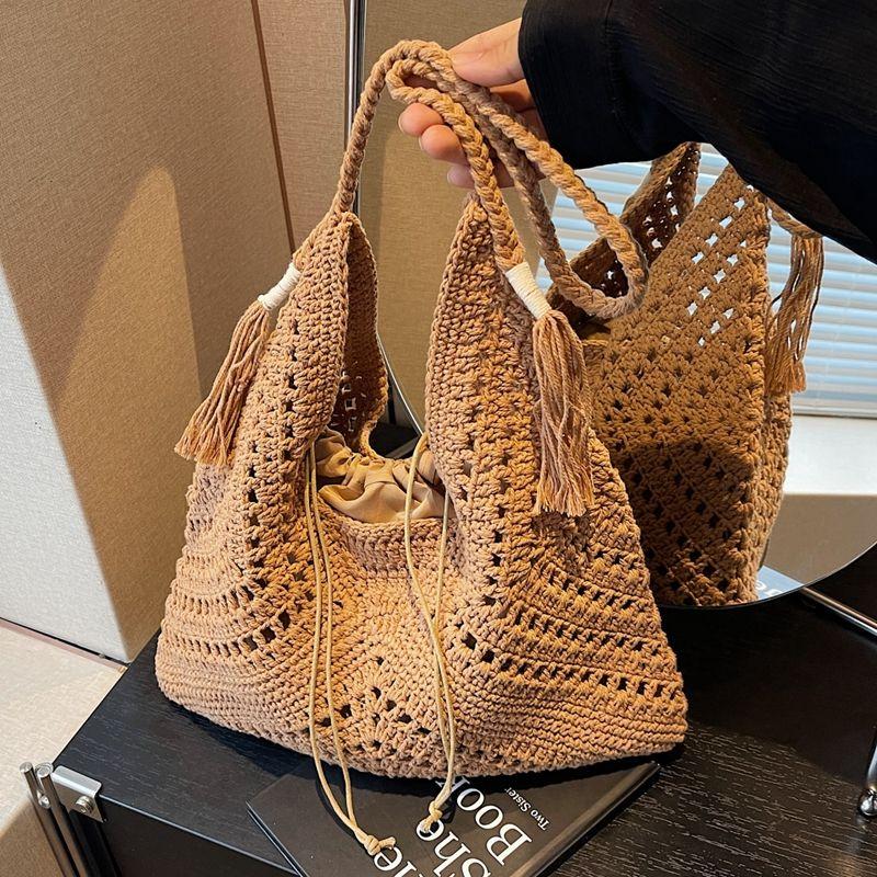 

Повседневный стиль, свободное ощущение, большая вместимость, плетеная сумка, женская летняя, для приморского отдыха, на плечо, пляжная сумка, соломенная сумка-тоут Khaki