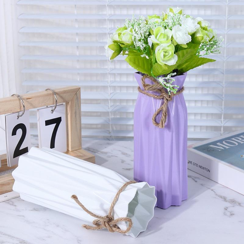 Simple Plastic Imitation Ceramic Vase Home Decoration Vase Decoration Crafts Hemp Rope Tied Solid Color Flower Arrangement Vase