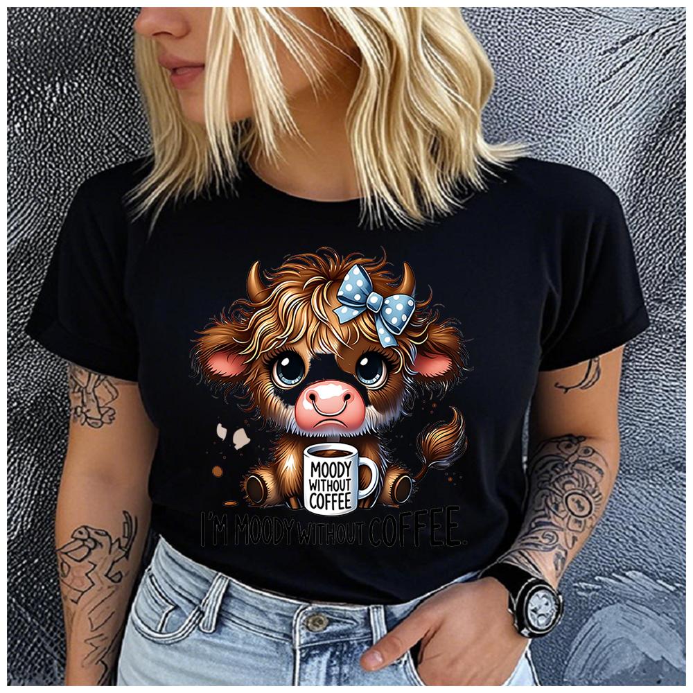 Women's Polyester 100% yak drinking tea Print T-shirt Loose round Neck Casual Short Sleeve Fashion Top Clothing Summer