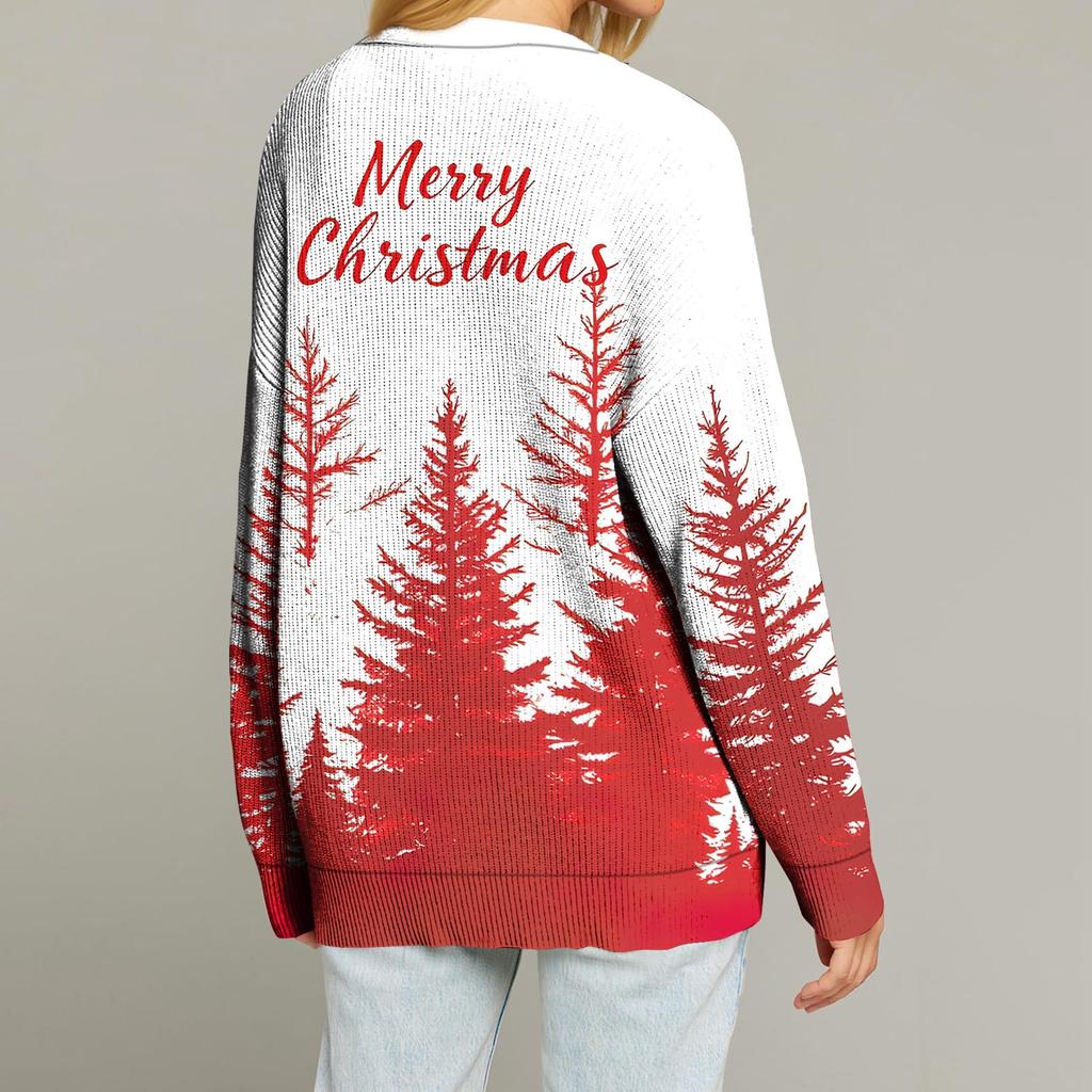 Women's Fashion Long Sleeve Christmas Print V-Neck Button Loose Cardigan Top