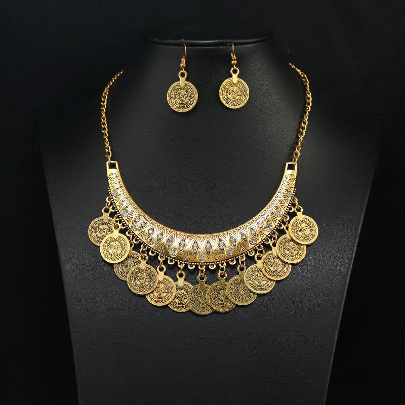 

Монета Женское Богемное Подвеска Украшение Ожерелье Golden Retro Roman coin (necklace + earrings)
