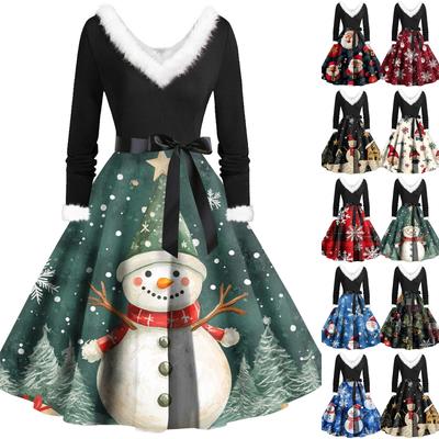 Damen Casual Fashion Plüsch V-Ausschnitt Weihnachten bedruckte Kleider