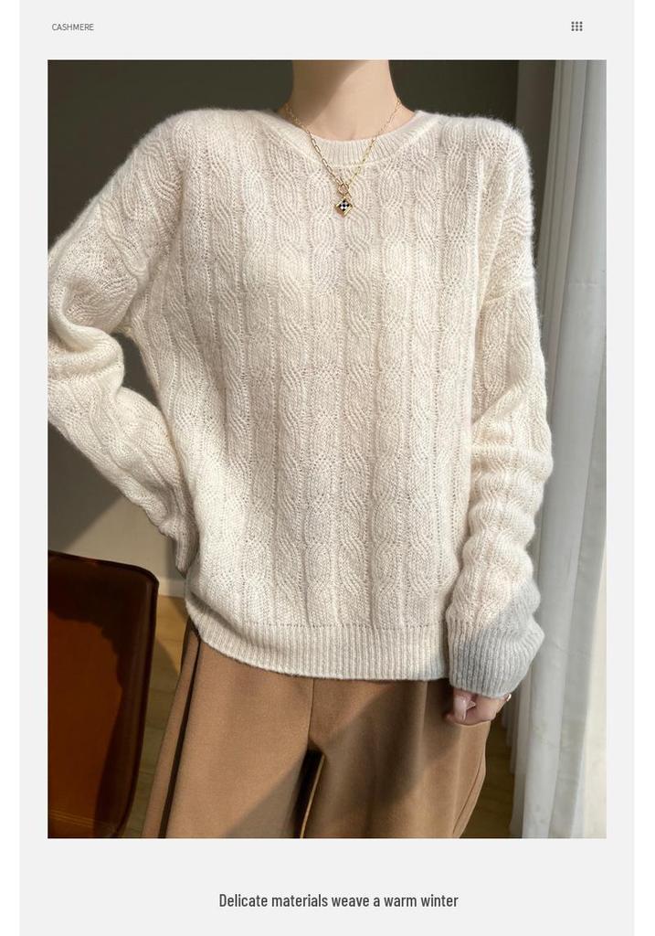 Women's White Silk Cashmere Loose Round Neck Sweater - Age-Reducing Solid Color Pullover