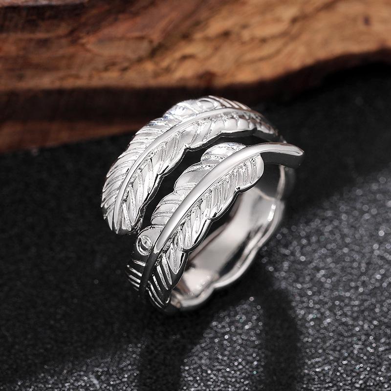 Sterling  Feather Shaped Open Ring for Women Punk Vintage Party Adjustable Finger Jewelry Retro Accessories
