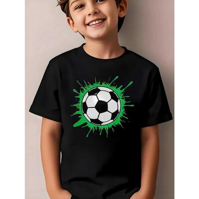 Europäische Größen Jungen Fußball T-Shirt mit grüner Tintenspritzer-Fußball-Design - Kurzarm Fußballtrikot Oberteil für, Sommer Freizeitkleidung & Training,