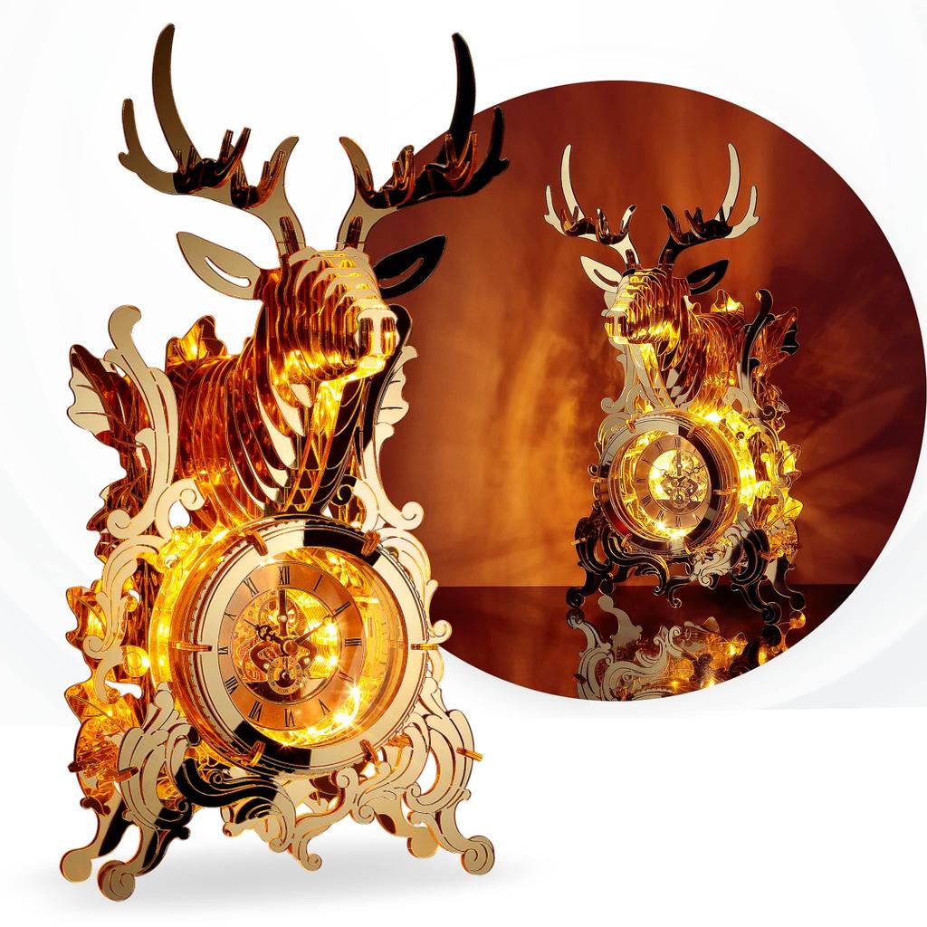 FUNPOLA 68-Piece 3D Puzzle, Acrylic, LED, Metal Puzzle, Golden Deer Clock, DIY Building Model Clock, Table Clock, Handmade for Kids and Adults, Home