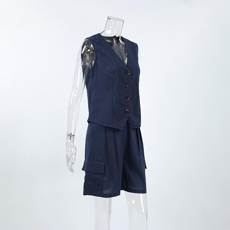 

Повседневные женские костюмы из 2 предметов, жилет с V-образным вырезом на пуговицах, блейзер + шорты с высокой талией, модные летние винтажные комплекты 2025 года S темно-синий