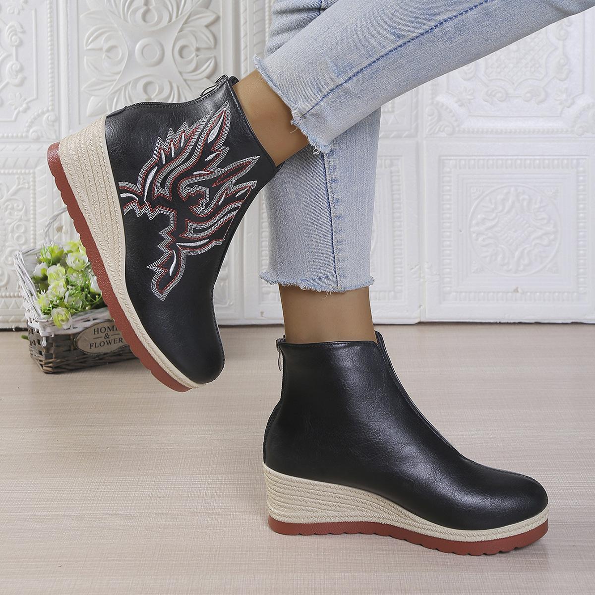 

20252025 Foreign trade slope heel thick bottom round head women s boots women s embroidery thread rear zipper boots women s large size 36