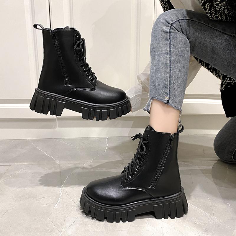 Modische Damenstiefel mit dicker Sohle, Schnürung und seitlichem Reißverschluss, Übergröße, Herbst/Winter, neuer Stil, bequeme mittelhohe Damenschuhe