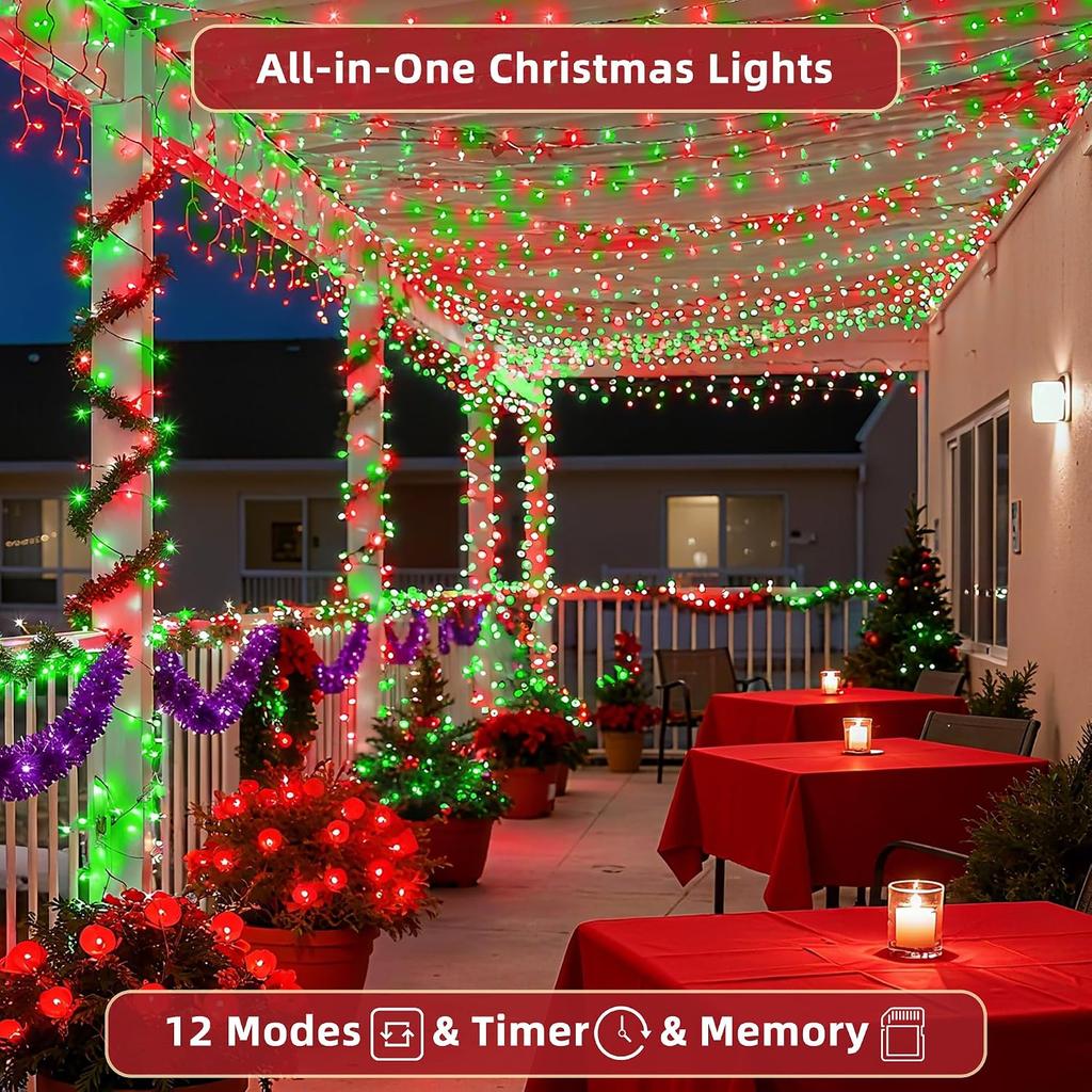 300LED 75FT Christmas Lights Indoor, LED Christmas Tree Decoration Lights with 12 Modes & Timer Memory, Dimmable Plug In Waterproof LED Xmas Light