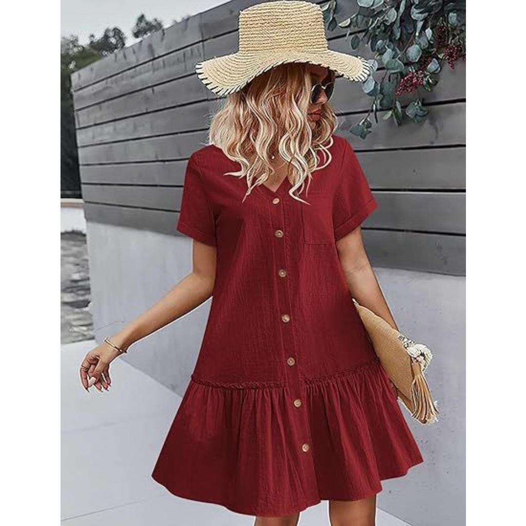 Summer Women's Short Sleeve Dress, Single Breasted Loose A-line Dress with Pockets Ruffle Hem Casual Dress