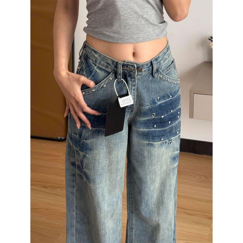 Women's Retro Blue Rivet Wide-Leg Jeans: Spring/Autumn 2025 Distressed Street Style Straight-Leg Pants