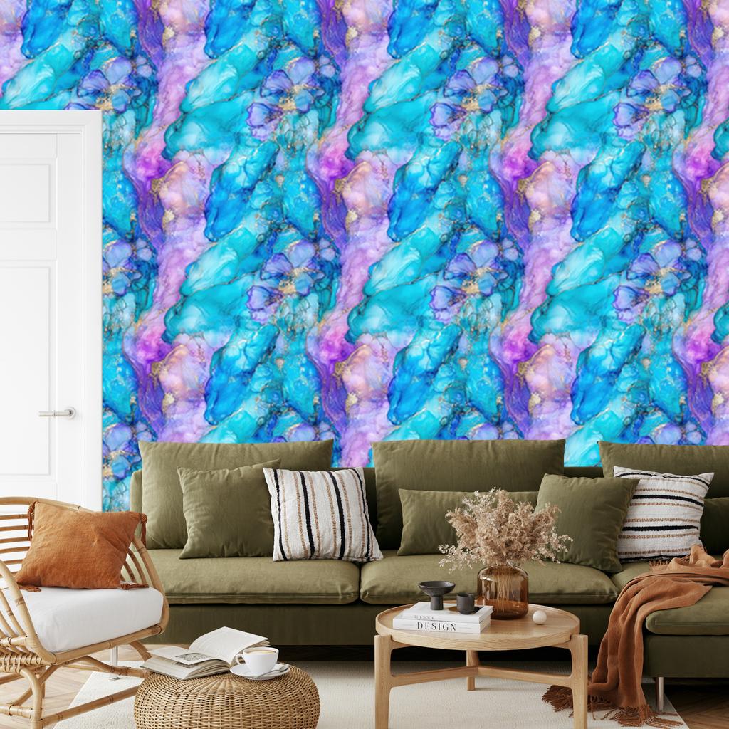 Ink Wallpaper Turquoise, Blue and Lavender for Living Room and Bedroom 50x1000