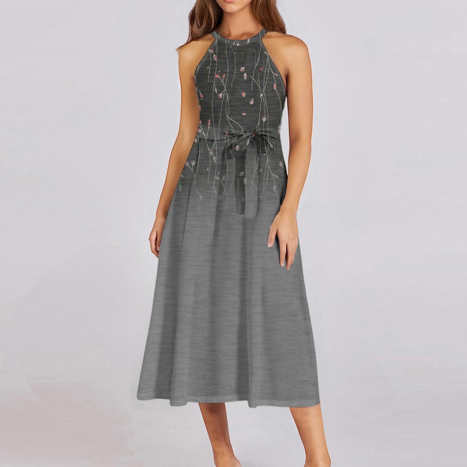 

Женское повседневное платье миди с круглым вырезом, классическое, повседневное, без рукавов, свободное платье в стиле бохо с завязками, летний пляжный сарафан S