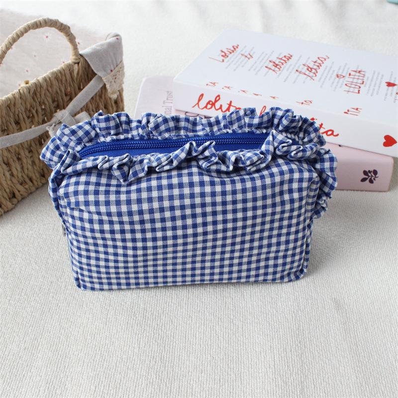 Cute High-Value Makeup Bag Case Fresh Grid Lace Pencil Case Portable Large Capacity Toiletry Cosmetic Bag Student Storage Pouch