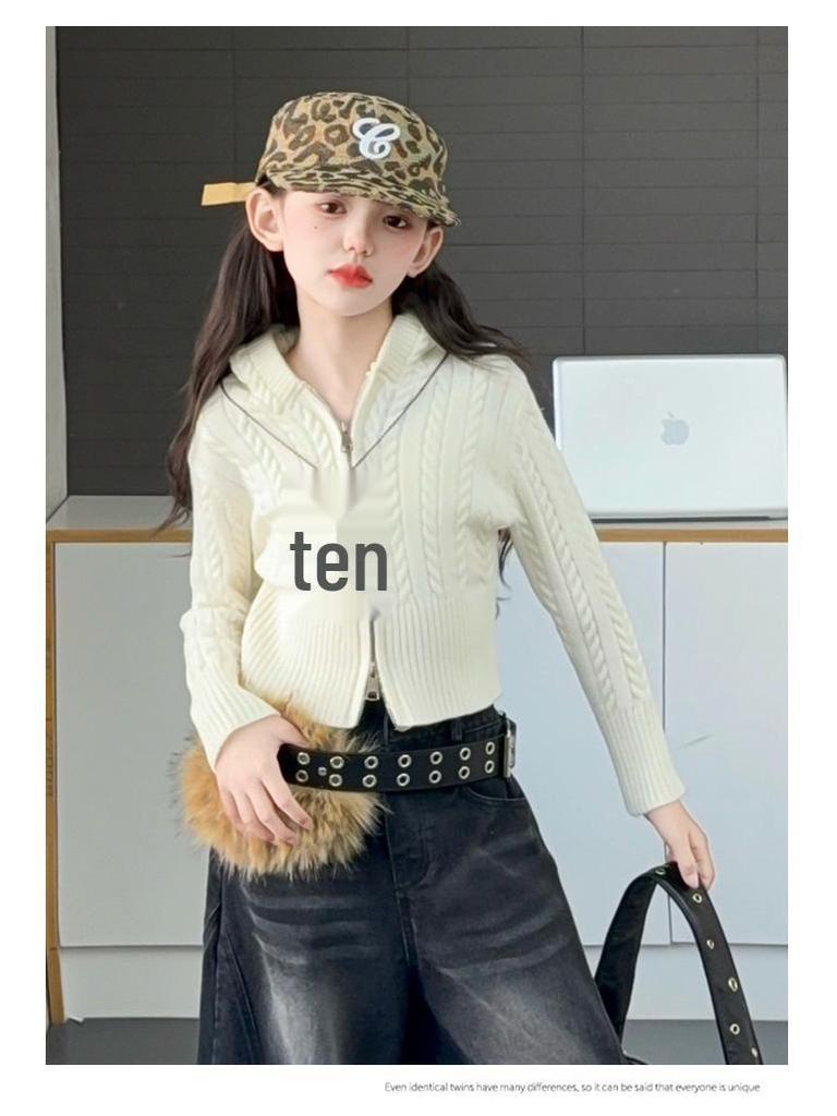 Girls' Autumn 2025 Korean Style Hooded Cardigan & Jeans Set