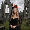 Halloween Costume Headband Pumpkin Skull Floral Headband, Stable Hair Hoop with 3D Artificial Non-irritating Flowers And Spiderweb Black Gauze Gothic