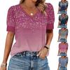 Women's Fashion Casual V- Neck Short Sleeve Print  Shirt Women's Up Tops