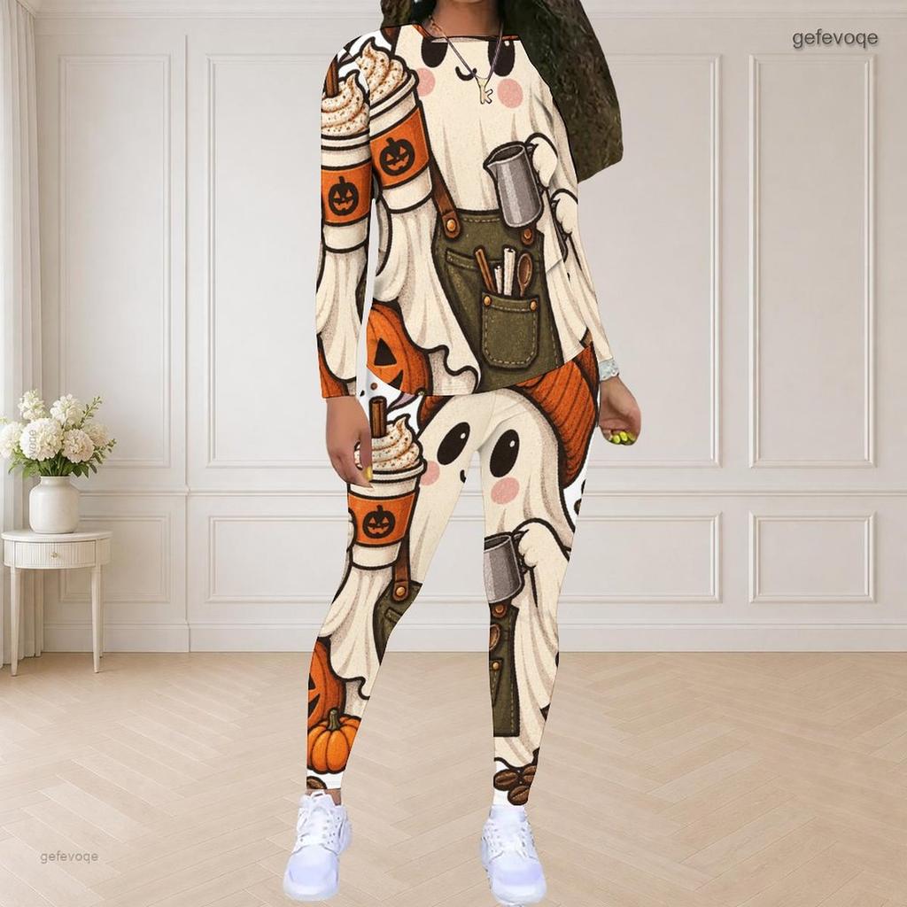 Women Plus Size Halloween Printed Two Piece Outfit Round Neck Long Sleeve Top Fitted Pants Set