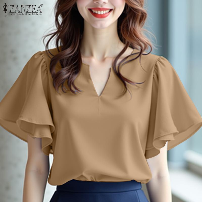 ZANZEA Women Casual V-Neck Ruffles Short Sleeve Loose Blouse