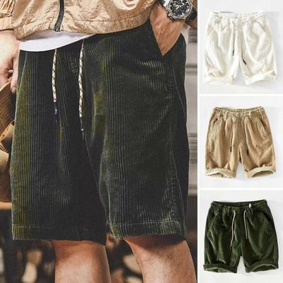 Men Summer Shorts Elastic Waist Adjustable Drawstring Casual Shorts with Pockets Solid Color Wide Leg Corduroy Beach Shorts