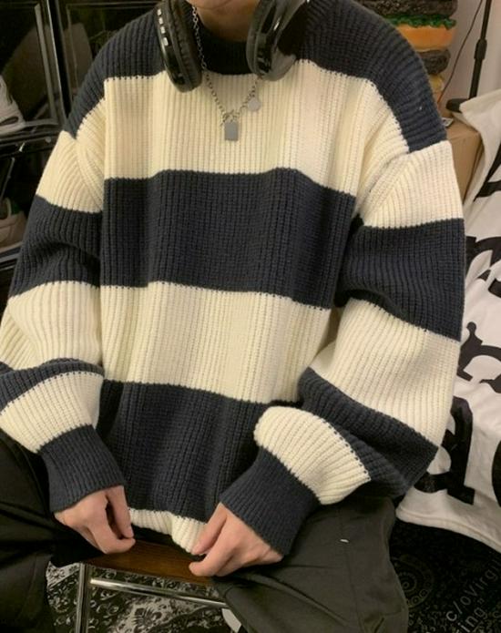 Pull rayé à col rond pour homme - Coupe ample, Tricot tendance Automne/Hiver